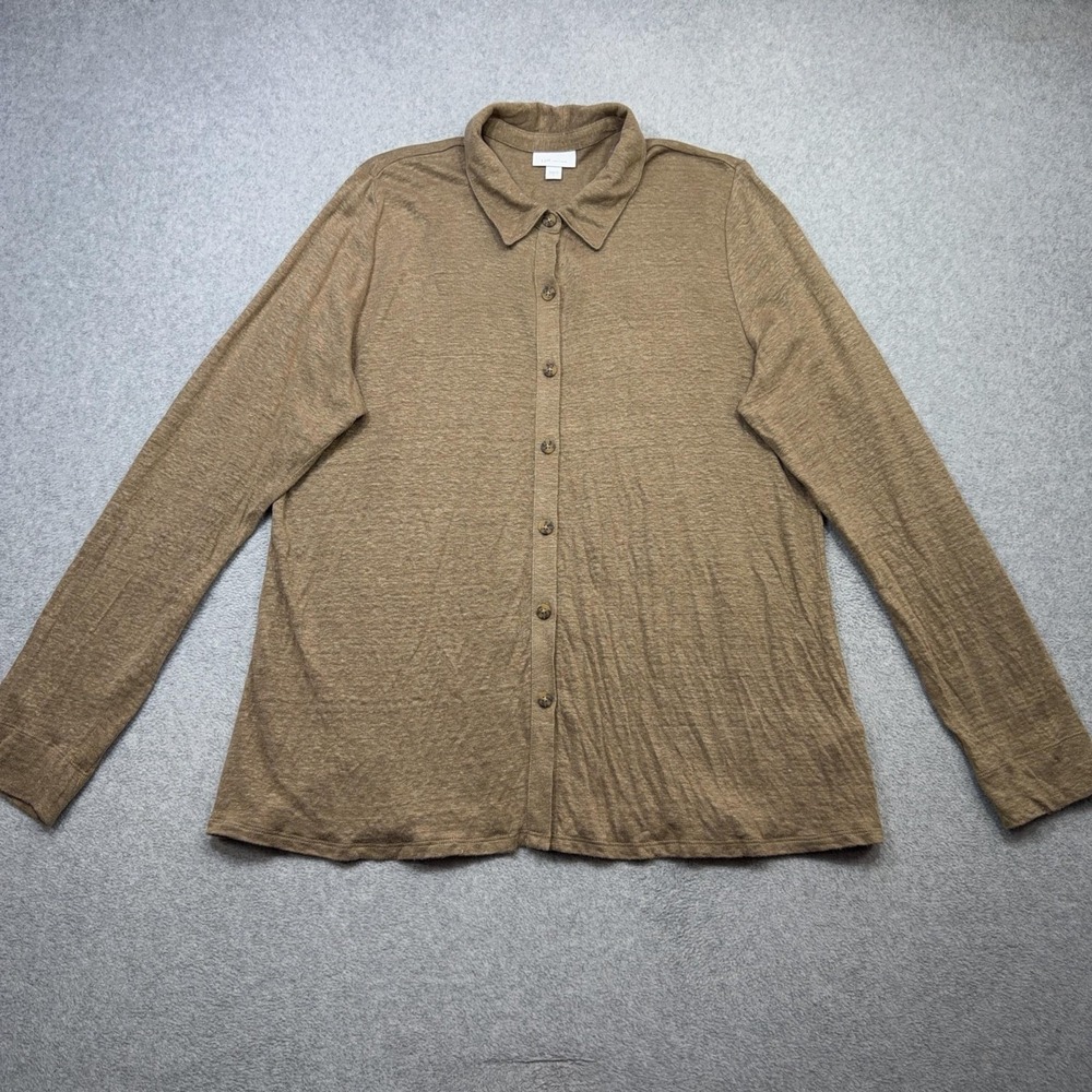 J Jill Love Linen Shirt Womens Large Brown Knit Long Sleeve Button Front Top